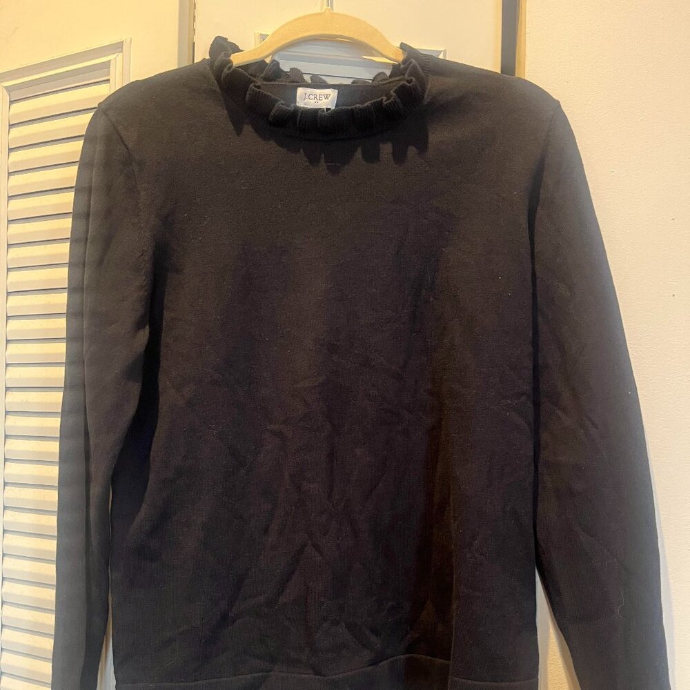 J. Crew Black Sweater with Ruffled Neckline, Size Medium